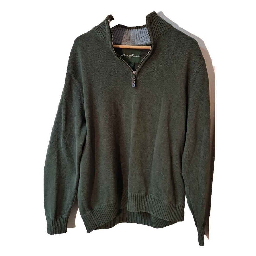 Eddie Bauer Mens Sweater Pullover Green Long Sleeve Sweatshirt Zip Tall L